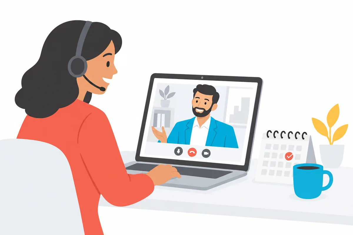 A friendly advisor in a headset talks with a business owner on a video call.