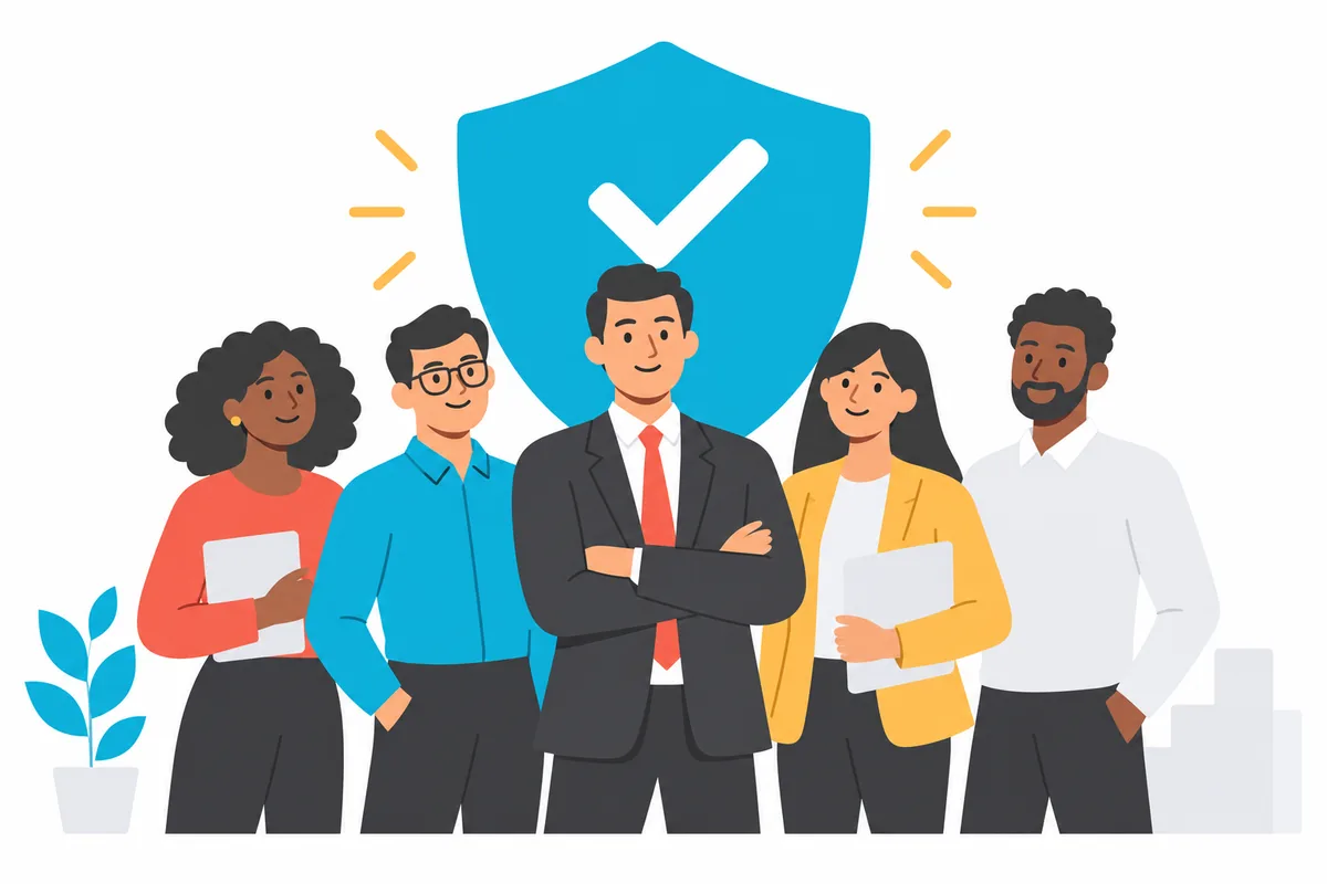 A business owner and a team of employees stand in front of a large shield with a checkmark.